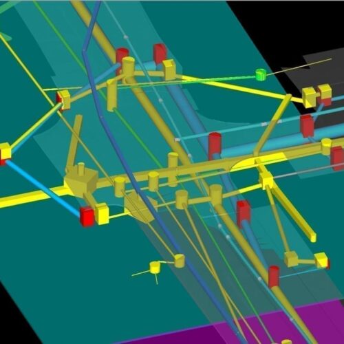 3D model of yellow, blue, teal pipes and structures on black.