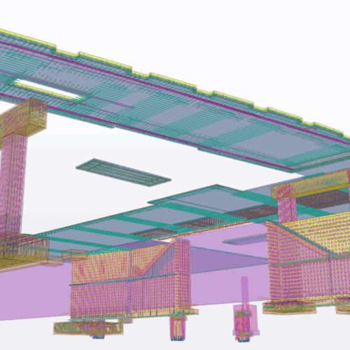 3D model with colorful translucent layers of building structure.