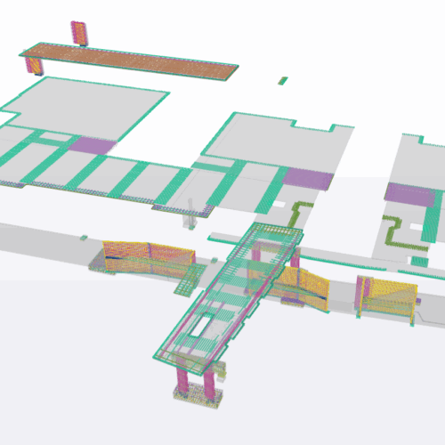 3D building model with colorful beams, columns, and floors.