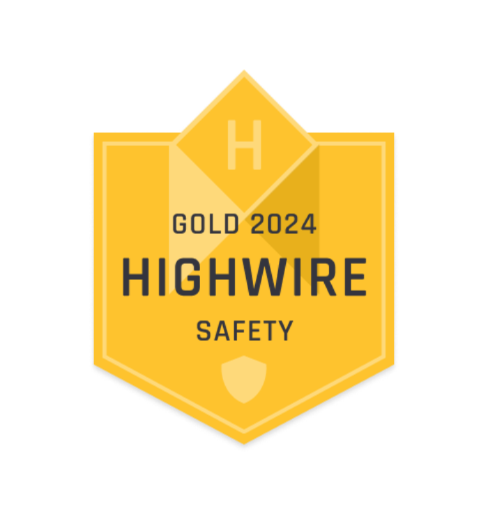 Gold 2024 Highwire Safety badge with large H for achievement.