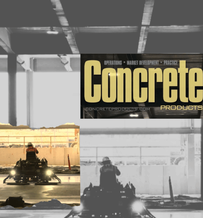 Worker using concrete finisher indoors; Concrete Products logo top right.