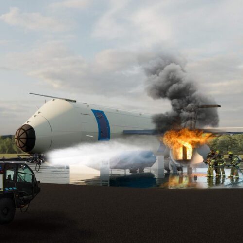 Firefighters and firetruck battle flames and smoke near airplane.