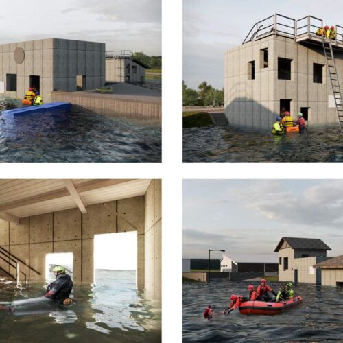 Rescue teams practice water rescues with rafts in urban flood.