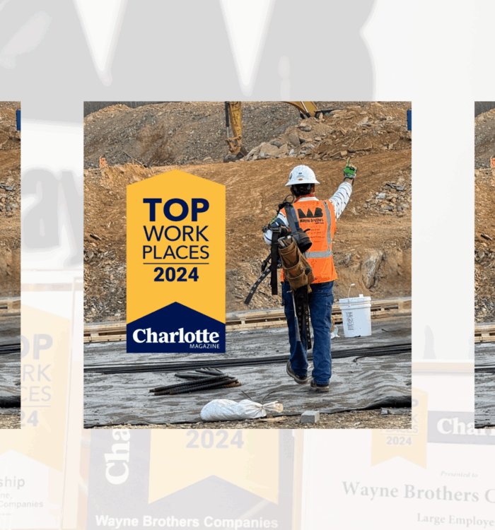 Construction worker onsite with safety gear; Top Work Places 2024 badge.