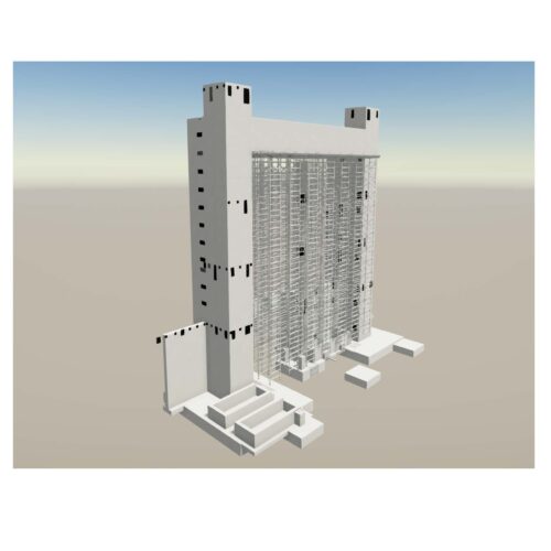 Digital rendering of a building under construction with two tower-like sides.
