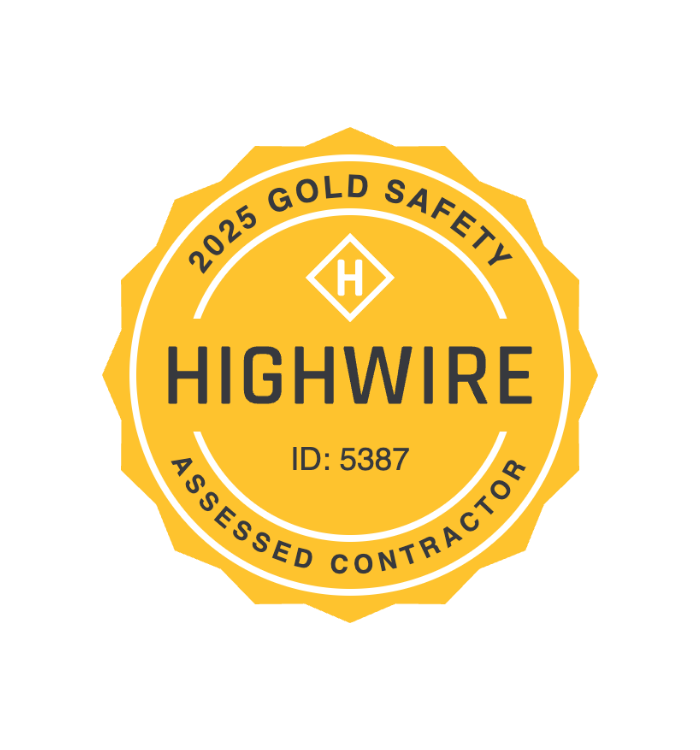 Gold badge: 2025 Gold Safety Assessed Contractor, HIGHWIRE, ID 5387.