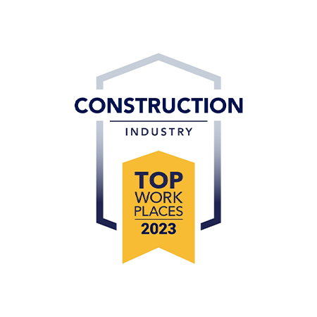 Hexagon logo, Construction Industry Top Workplaces 2023, yellow ribbon.