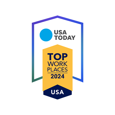 USA TODAY Top Workplaces 2024 blue-yellow shield badge.