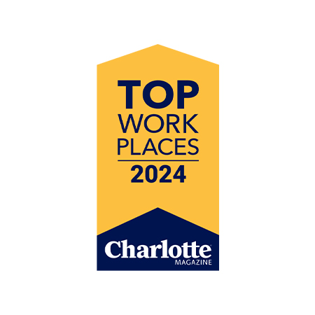 Yellow-blue badge: Top Work Places 2024, Charlotte Magazine.