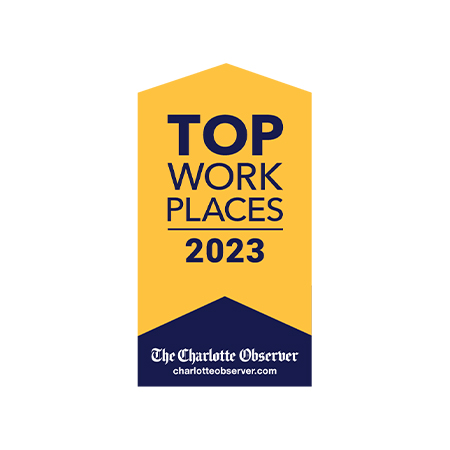 Yellow-blue banner: Top Work Places 2023, The Charlotte Observer.