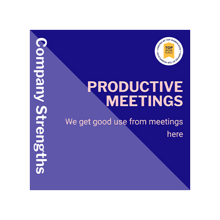 Graphic: Company Strengths—Productive Meetings, with small award logo.