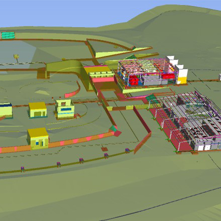 3D construction site model with buildings, roads, and landscape overhead.