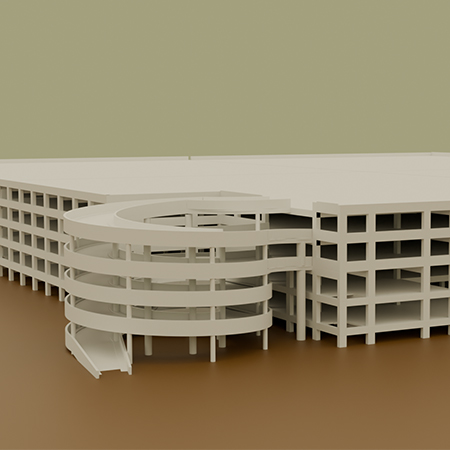 3D multi-level parking garage with spiral ramp, plain background.