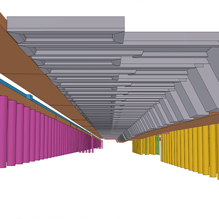 3D digital rendering with gray beams above, pink/yellow columns below.