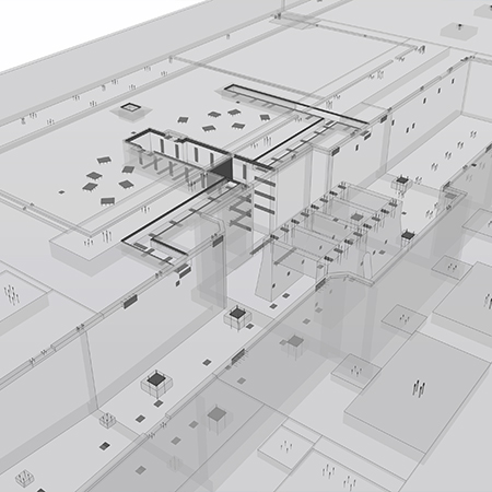 Grayscale rendering of transparent, geometric building