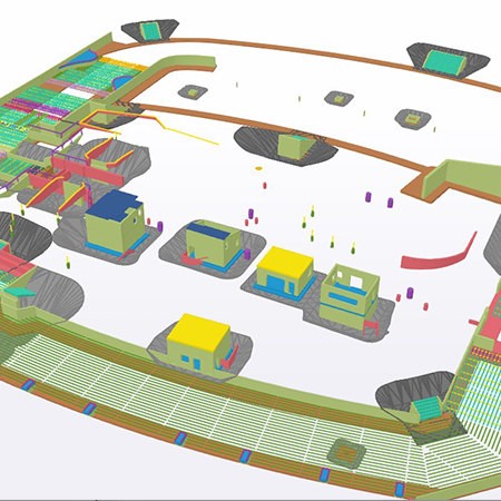 3D model of a construction site with colored buildings.