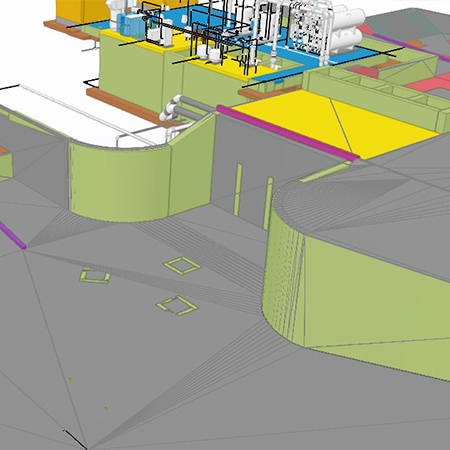 3D rendering of building systems: pipes, ducts, colored elements.