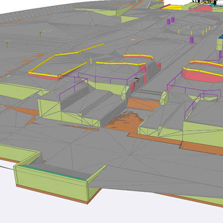 Color-outlined 3D skatepark model with ramps, rails, platforms.