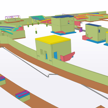 3D building layout model with colored architectural elements.