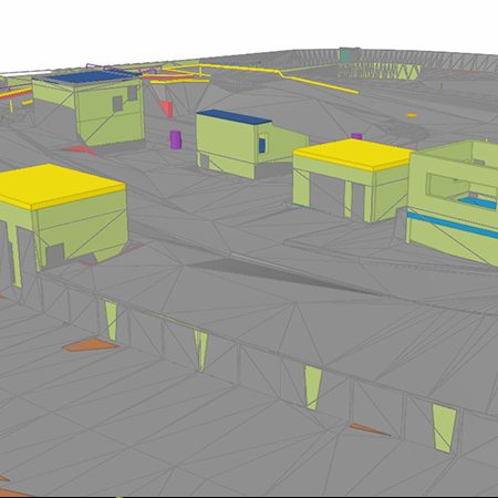 3D model of buildings on gray ground.
