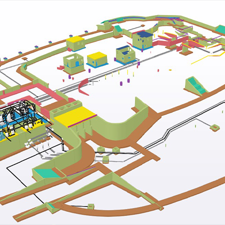 3D facility model with colored buildings on white background.