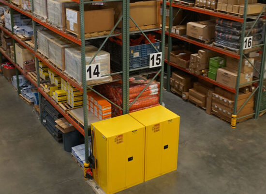 Warehouse shelves with numbered aisles