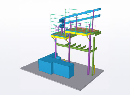 3D building model with color-coded beams, columns, and platforms.