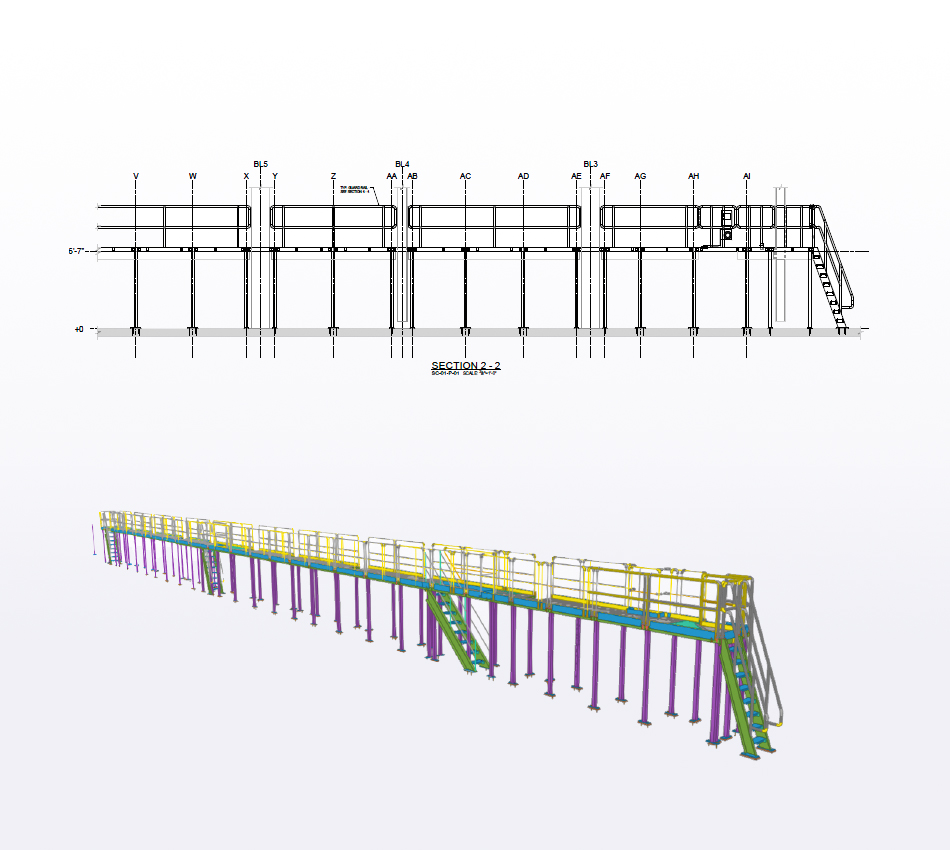 3D model and drawing of metal platform with stairs and beams.