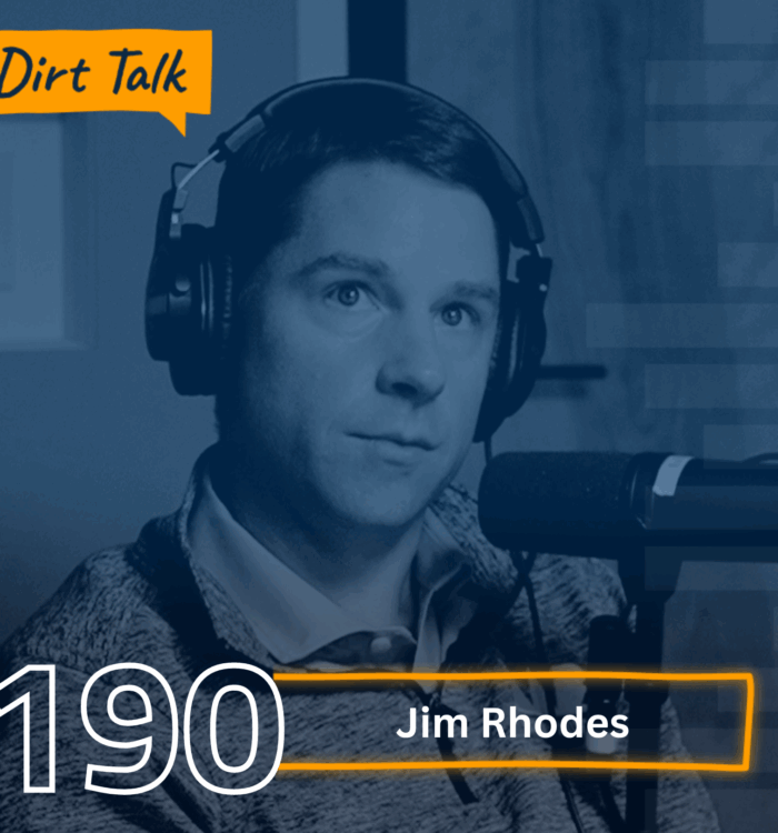Man with headphones at mic, Dirt Talk 190 Jim Rhodes shown.