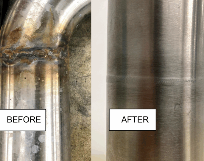 Corroded pipe before cleaning next to polished pipe after cleaning.