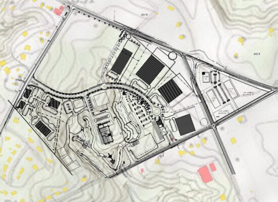 Black and white site plan on topo map with building markers.