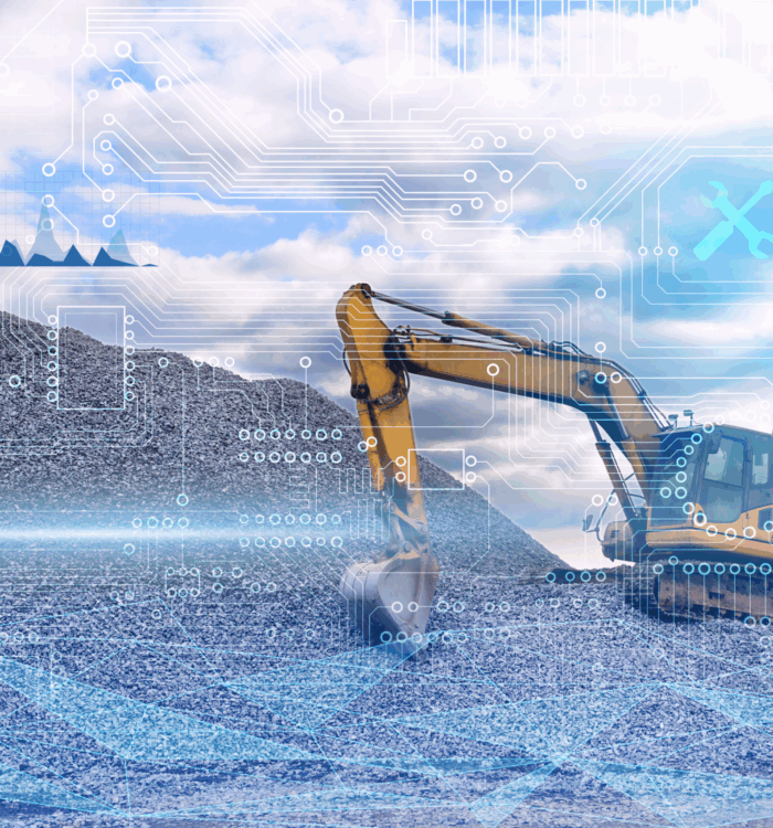 Yellow excavator on gravel with tech-themed digital overlays.