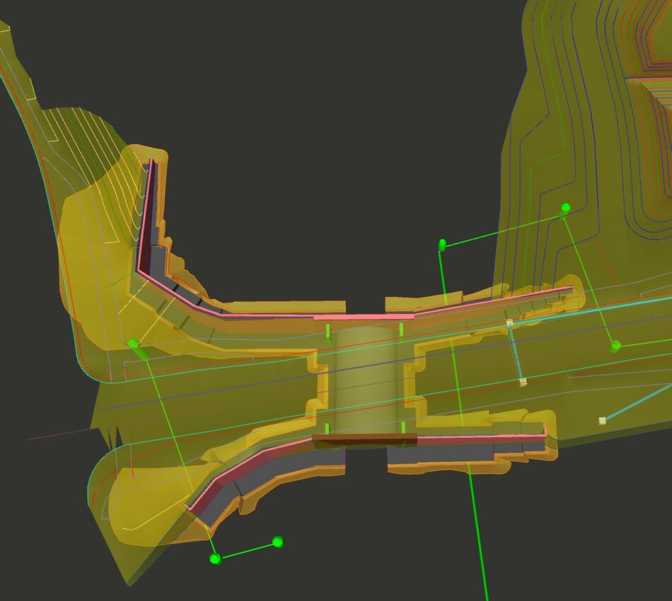 3D dam model with layered topography, boundary lines, dark background.