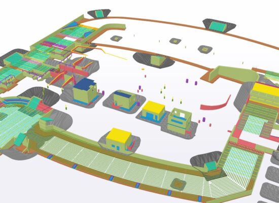 3D building model with rooms, sections, and color codes.