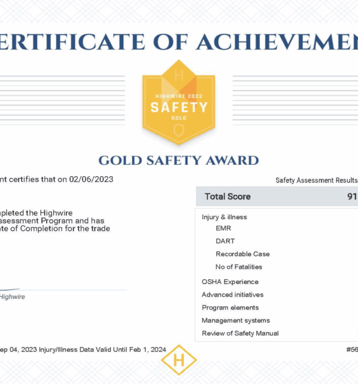 Wayne Brothers, Inc. awarded 2022 Gold Safety Certificate for Concrete division.