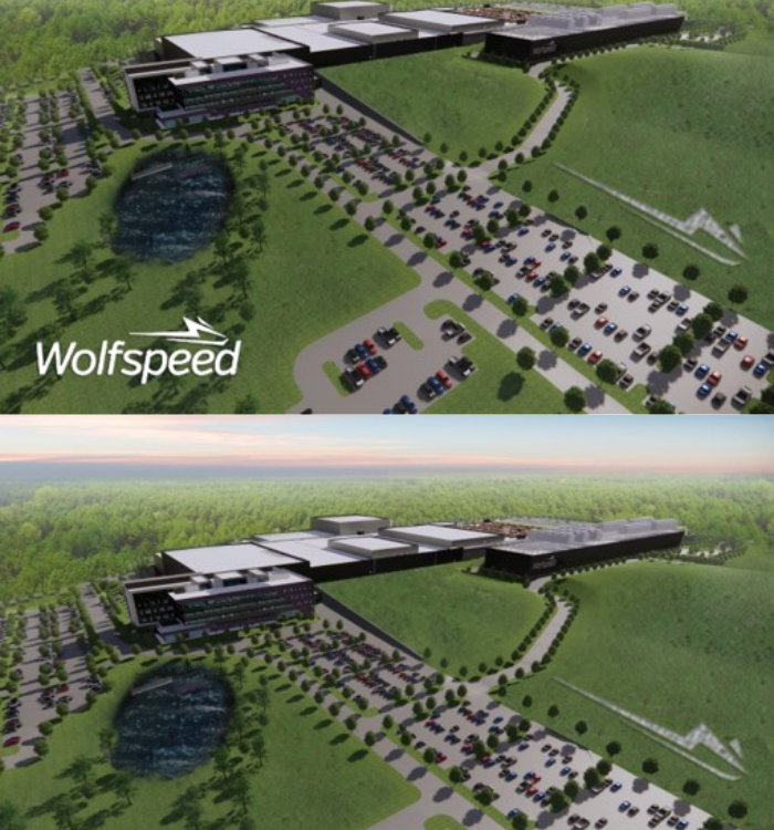 Aerial view of large Wolfspeed facility with buildings, pond, parking.