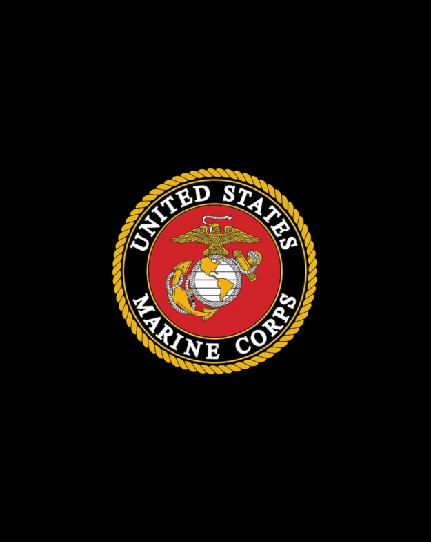 US Marine Corps emblem—eagle, globe, anchor—on black background.